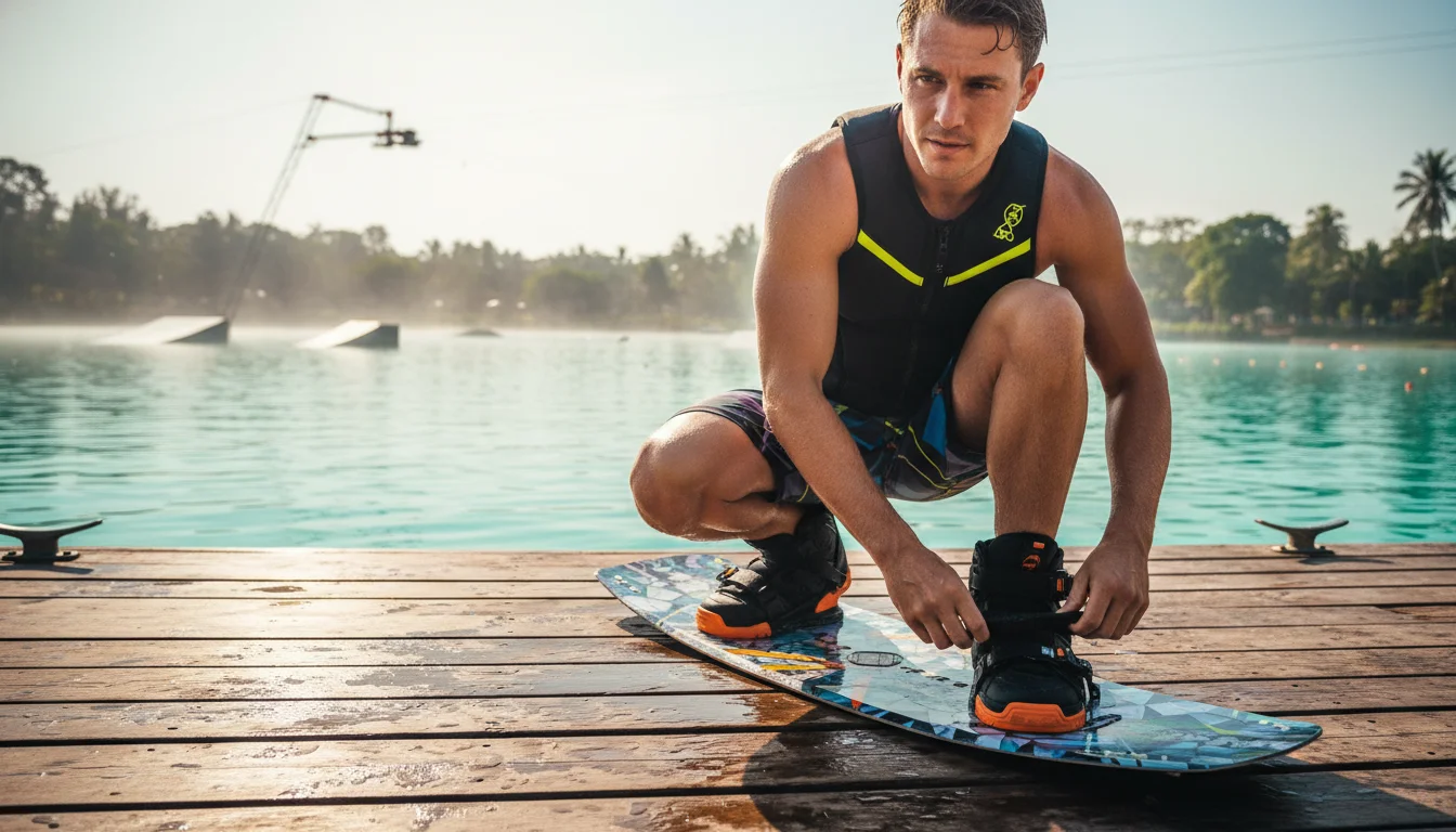 A rider strapping into their boots on the wooden starting dock at Zanook Wake Park, with the cable line overhead and the open water stretching ahead