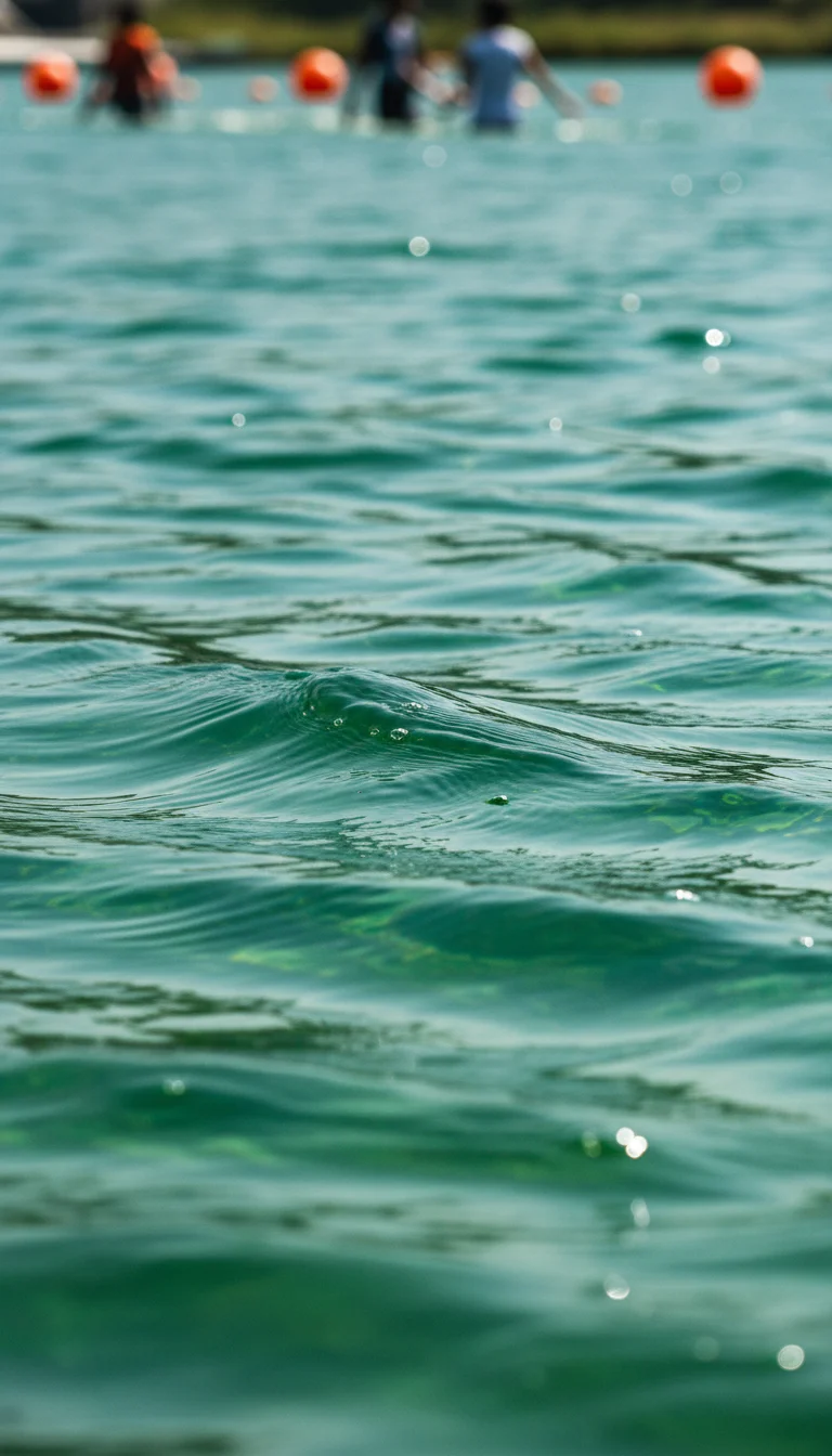 A close-up shot of the freshwater lake water surface at Zanook Wake Park, showing the green ripple of the water under the afternoon sun with safety buoys floating in the background