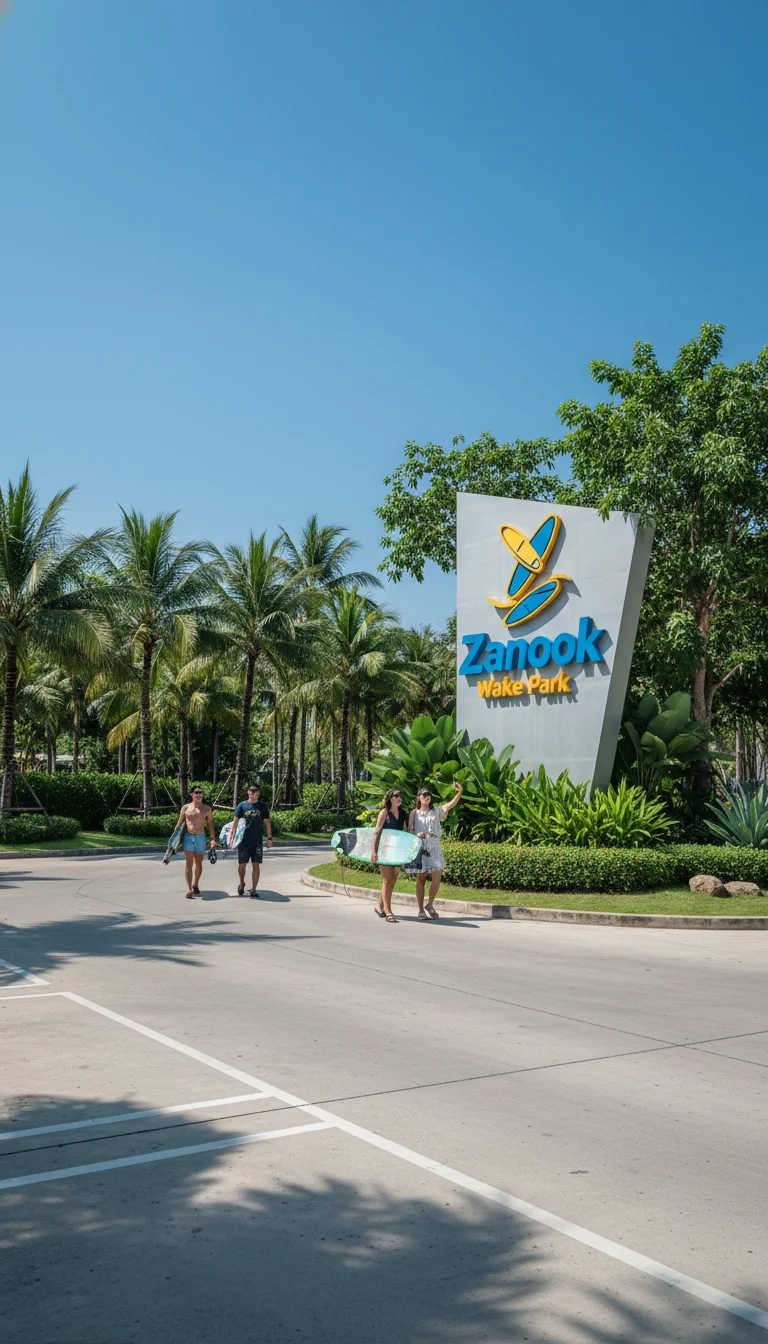 The entrance driveway of Zanook Wake Park in Bang Bon, showing the concrete access road, parking bays, and a large sign with the park logo surrounded by tropical trees
