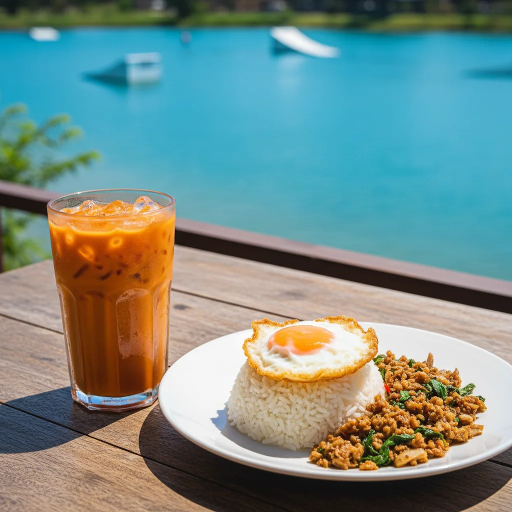 An outdoor dining terrace at Zanook Wake Park, showing wooden tables overlooking the blue wakeboard lake, with a plate of Pad Kra Prow and a glass of orange-coloured Thai iced milk tea in the foreground