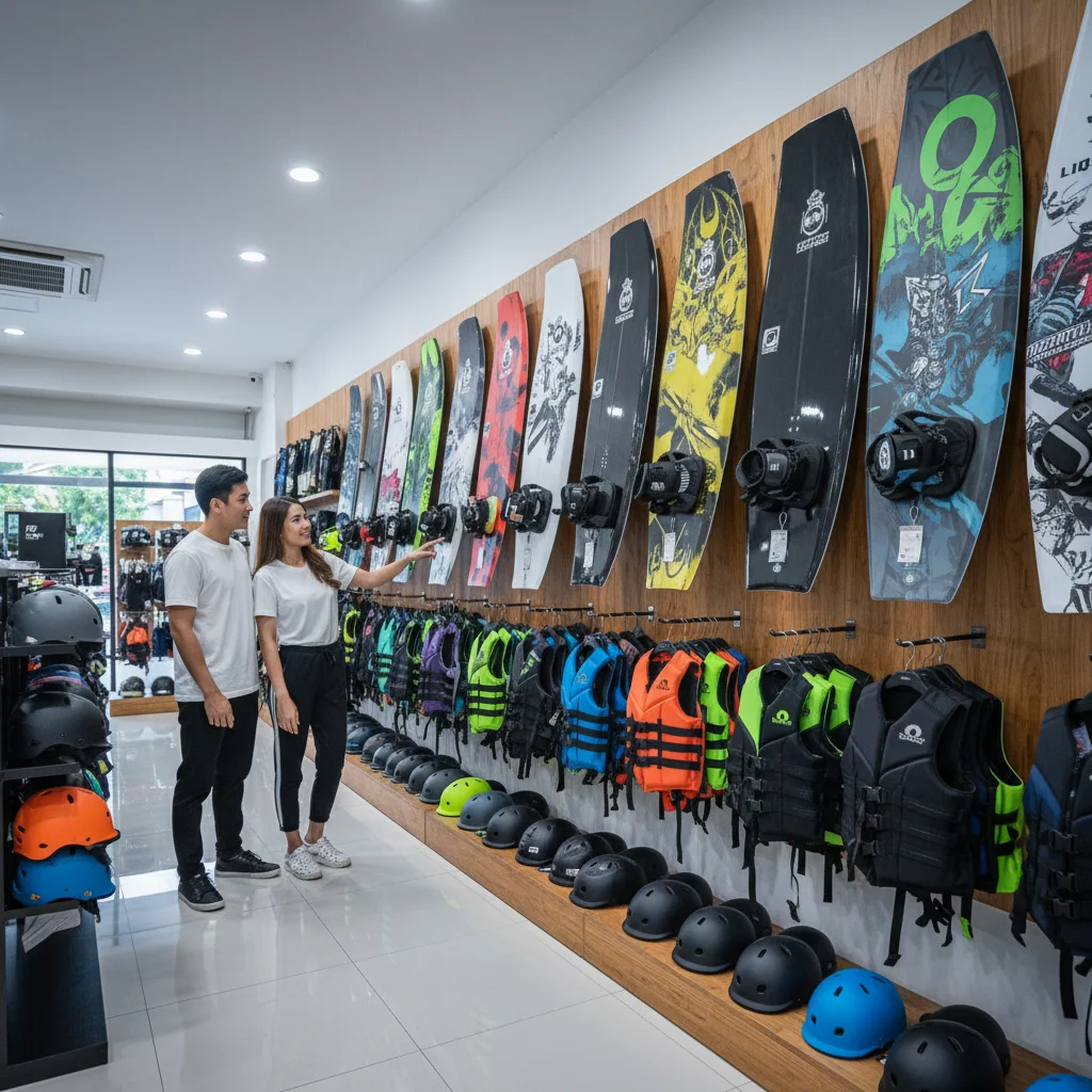 An interior view of the Zanook Wake Park rental pro shop, displaying rows of colourful Liquid Force wakeboards, safety helmets, impact vests, and technical binding options mounted on wooden wall racks