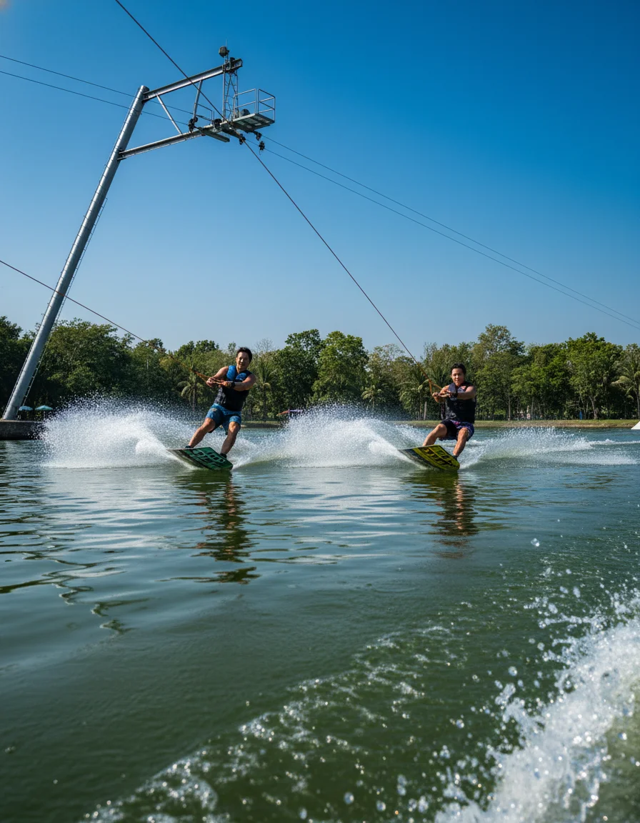 An expansive wide angle shot of the main freshwater lake at Zanook Wake Park in Bangkok, showing the metallic overhead cable towers, riders cutting through the water, and the green tree-lined perimeter of the Bang Bon district